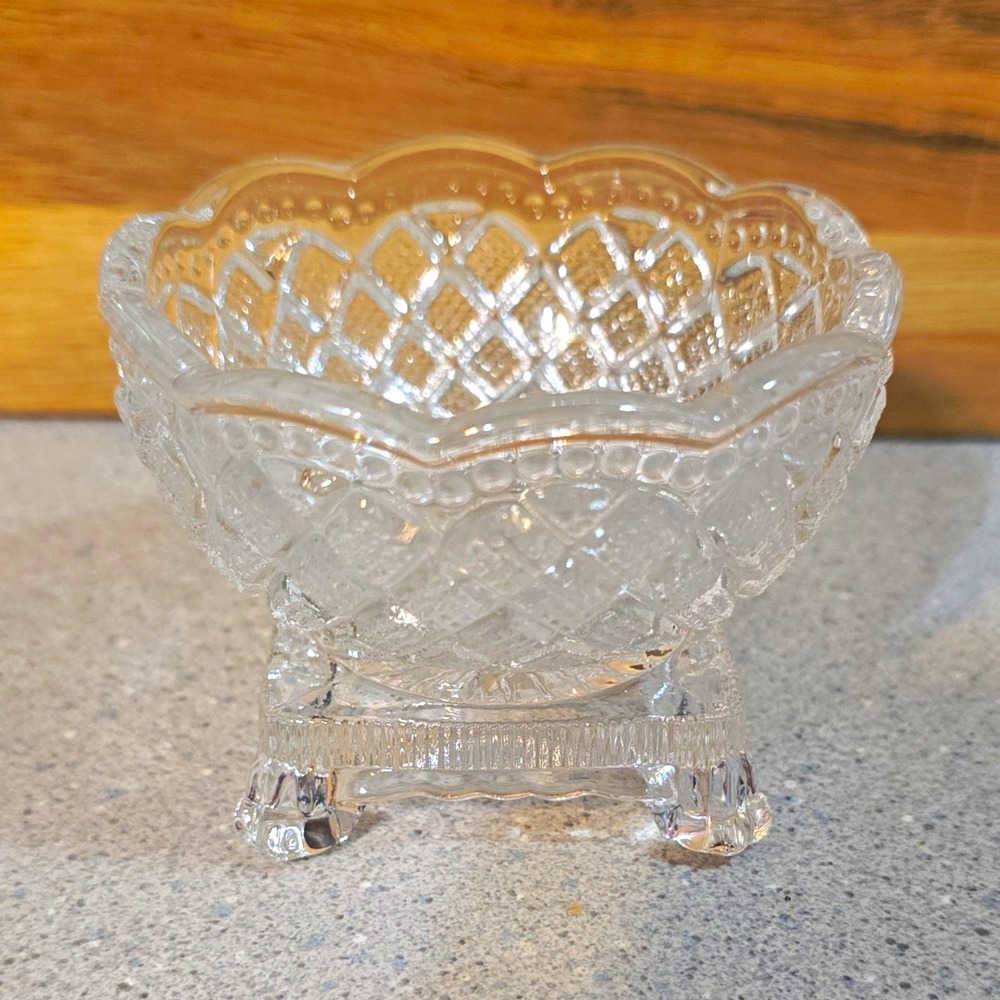 Vintage Clear Cut Glass Footed Candy Dish, Diamond Pattern, Avon